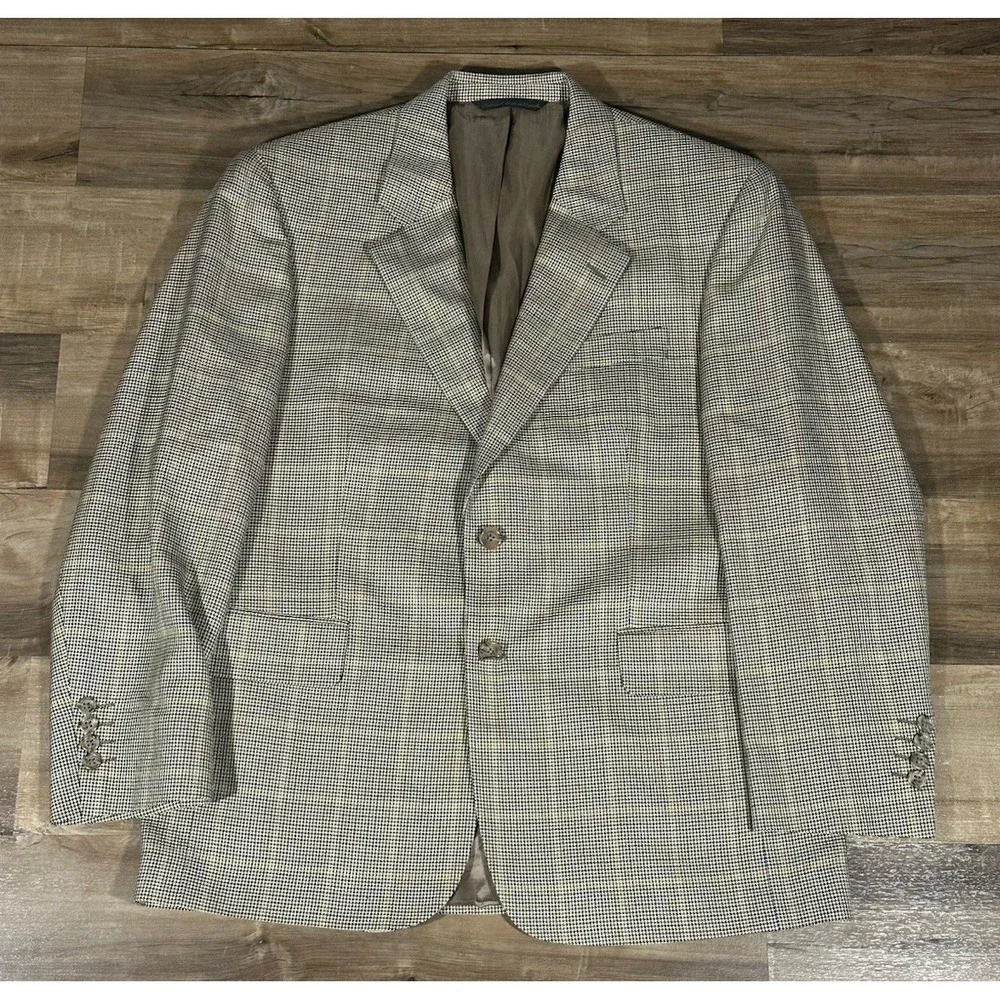 Jack Victor Mens Tan Houndstooth Plaid Blazer 41S Silk Wool E Thomas Fabric EUC
